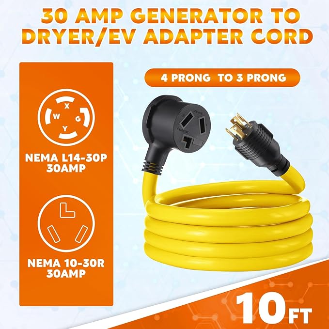 Tellegloww 10FT 30 Amp Generator to Dryer Adapter Cord Compatible with NEMA L14-30P to 10-30R, 4 Prong Locking Generator Male to 3 Prong Dryer Female, ETL Listed, 30A 125/250V, STW 10 AWG/3C