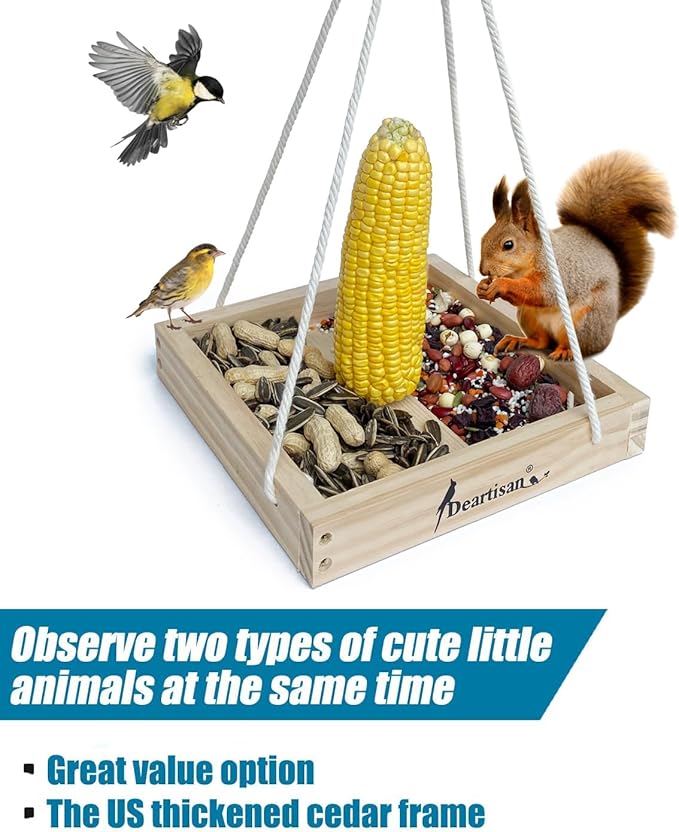 Platform Squirrel & Bird Feeders, Quality Cedar Made Wood Tray Garden Hanging Animal for Yard Outside Decoration Attrcting for Wild Birds