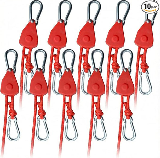 10Pack Retractable Ratchet Tie Down Straps, 13 Ft 1/8” Adjustable Rope Hanger, Heavy Duty Ratcheting Pulley System with 2 Carabiner Hook, for Tent, Hanging Plants, Grow Lights, Vivid Red