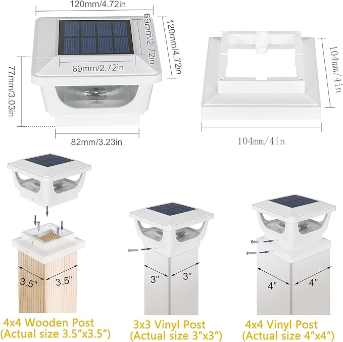 Sumaote Solar Post Caps Lights for 3x3 Metal/Vinyl & 4x4 Wood Posts, IP65 Waterproof, 120 Lumen 3000K Warm White LED Lighting for Garden, Fence, Deck and Mailbox, Dusk-to-Dawn,White Shell (2 Pack)