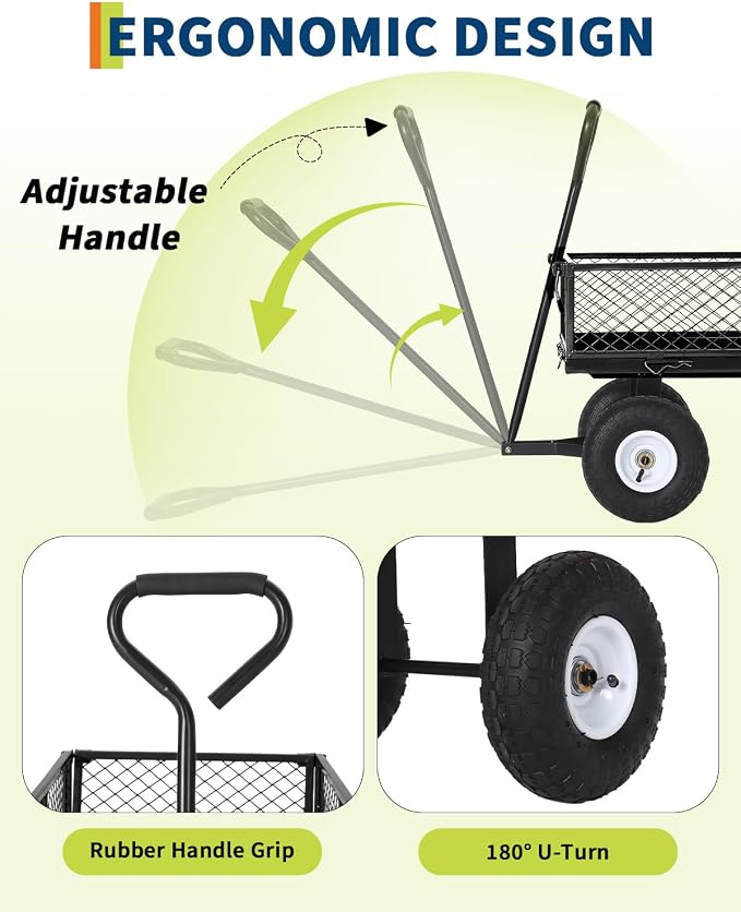 Garvee Versatile Outdoor Utility Cart-400LBS Heavy-Duty, 10" All-Terrain Pneumatic Tires, Easy Maneuverable Lawn Cart with Removable Mesh Panels for Gardening&Landscaping, Black, with Waterproof Liner