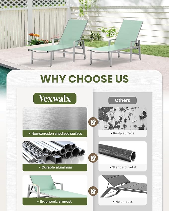Vexwalx Patio Chaise Lounge Chair Outdoor with Wheels&Armrests, Aluminum Pool Lounge Chairs 5-Position Adjustable Recliner, Outdoor Beach Lounge Chairs for Poolside, Patio, Deck, Yard, Light Green