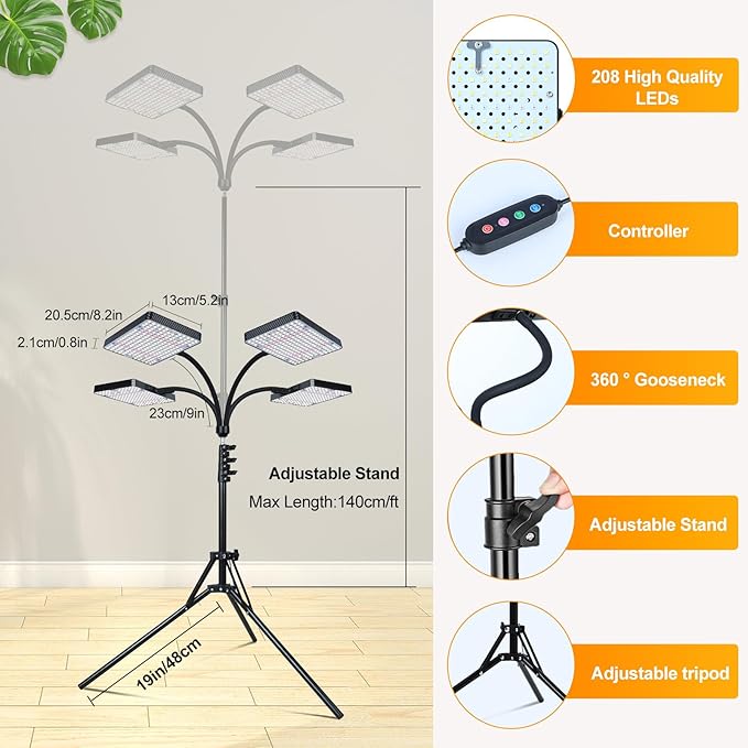 FECiDA 2026 4Head Grow Light with Stand, 100 Watt Power Draw, Bright and Big Coverage Grow Lights for Large Houseplants, Bonsai Tree, 4/8/12/16/20 Hr Timer, 24"-72" Height Adjustable, 360° Gooseneck