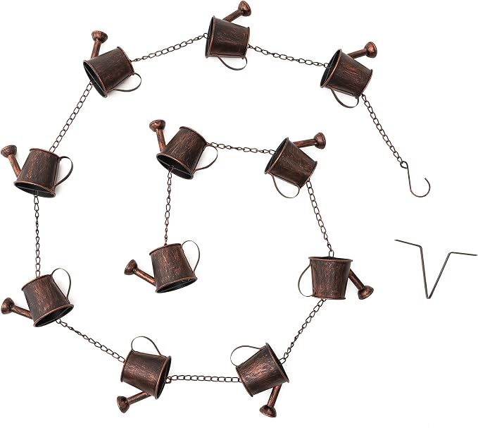 Glitzhome 8.5ft Rain Chain for Gutters 11-Piece Faux Copper Watering Pot Catcher Replacement for Downpout