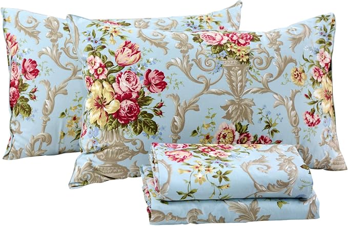 FADFAY Shabby Floral Bedding Elegant Peony Sheets Set Luxury Bedding Collections 100% Egyptian Cotton Deep Pocket, 4 Piece-King Size