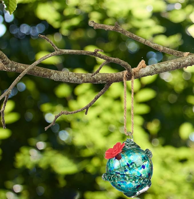 Red Carpet Studios Hummingbird Feeder Hand-Blown Art Glass, Hanging Birdfeeder with Red Flower Feeding Port, 5.5" Blue Planet