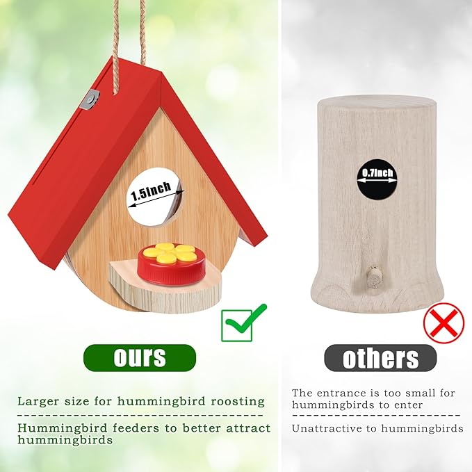 2 Pack Hummingbird Houses with Feeder, Wooden Hanging Bird House Outside, Window Birdhouse for Viewing Inside with Hemp Ropes for Bluebird Finch Chickadee Nesting