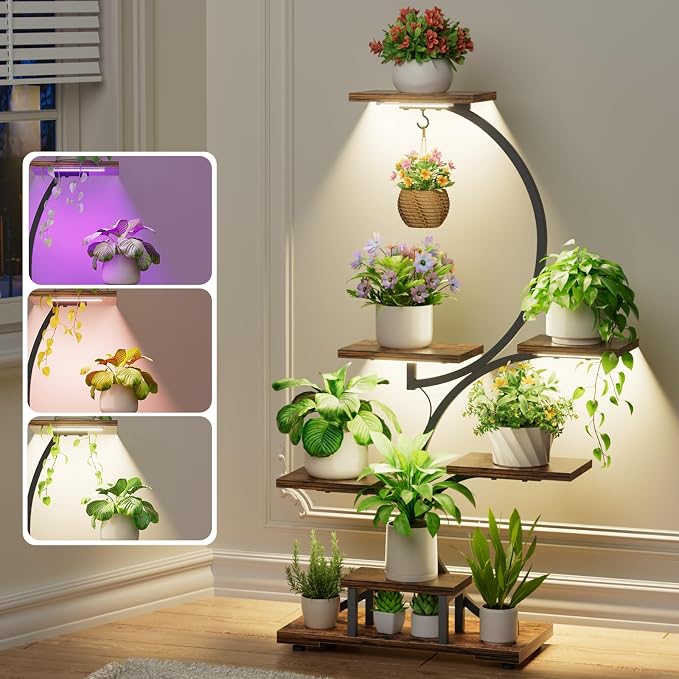Yzosvki Plant Stand Indoor with Grow Lights, 7 Tiered Large Plant Shelf Flower Stand, Tall Plant Shelves, Rustic Brown and Black