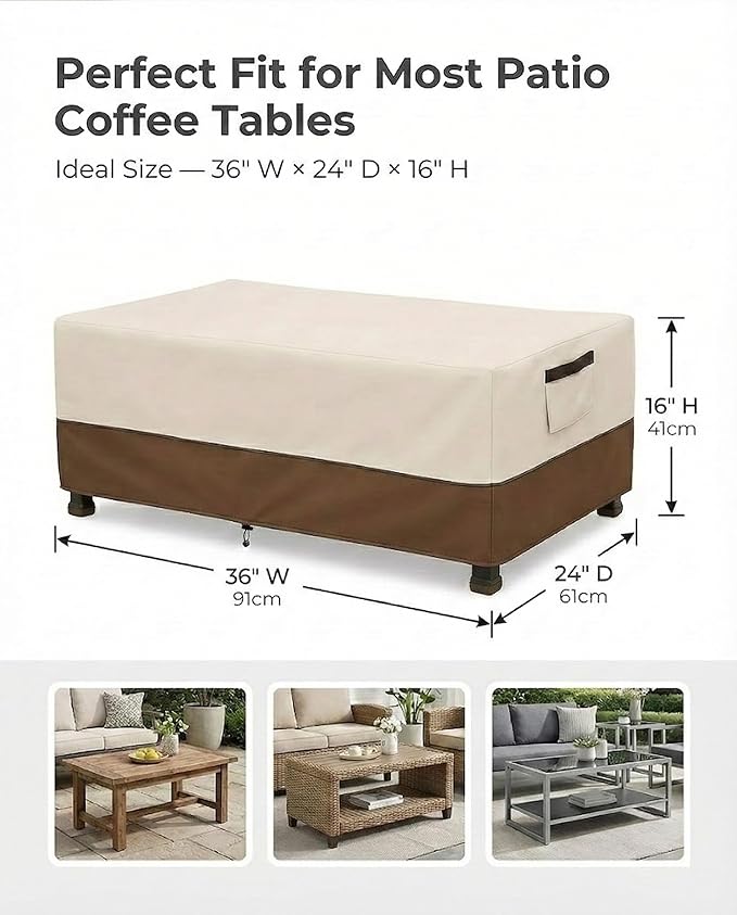 Waterproof Patio Coffee Table Cover, 600D Heavy Duty Outdoor Furniture Covers, Weather & UV Resistant, Windproof with Buckles, Rectangular Table Cover for Backyard Patio 36 x 24 x 16 in, Beige & Brown