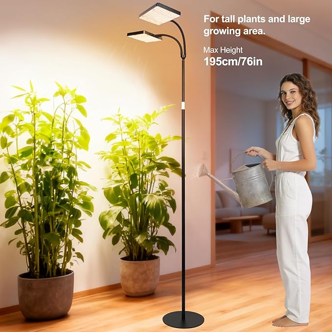 FECiDA 2026 2Head Floor Lamp Grow Light, Grow Lights with Stable Stand Base for Indoor Plants, Bonsai Tree, 4/8/12/16/20 Hr Timer, 50 Watt Power Draw, NO Need Adapter, 40"-76" Height Adjustable