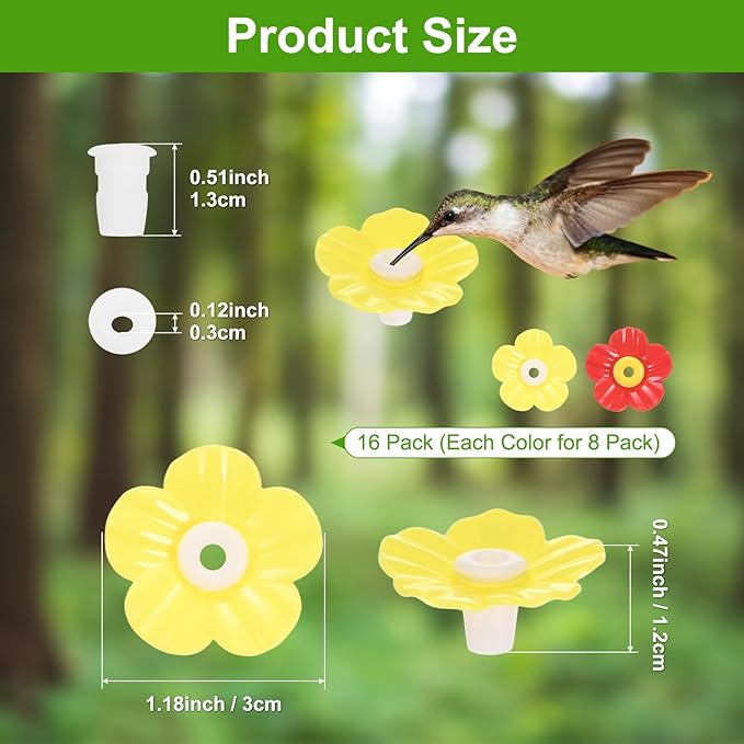 M METERXITY 16-Pack Hummingbird Feeder Replacement Flowers, Plastic Pet Hummingbird Feeding Parts Feeding Ports for Outdoor Hanging Feeders, Bees Guards [Yellow, Red]