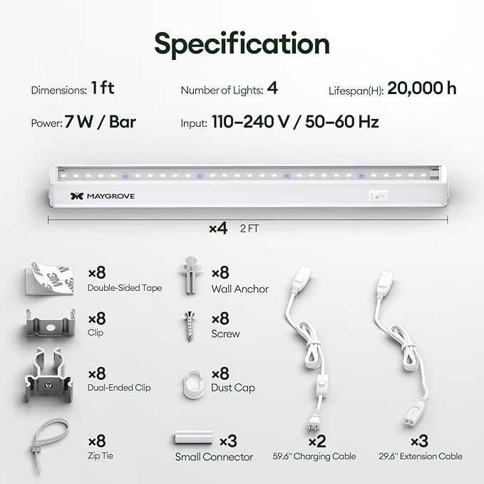 Maygrove T5 Grow Lights for Indoor Plants 1FT, Blue-Rich Full Spectrum 5000K Grow Light, 28W(4 x 7W), Grow Light Strips for Seed Starting, Greenhouse, High PPFD, Linkable, White, 4-Pack