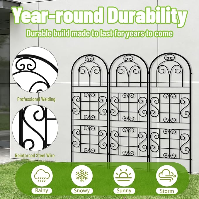 Garden Trellis for Climbing Plants, 3 Pack 38" Wx 64.6" H Rustproof Flower Trellis with Black Coating, Outdoor Climbing Rose Trellis Cucumbers Support for Courtyards Lawns (Curved Shape, 3 Pieces)