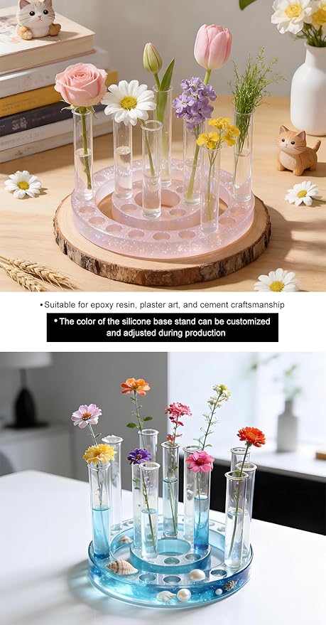 Flower Vase Resin Molds Silicone， Circular and Curved Silicone vase Base+32 Flower Arranging Test Tubes, Suitable for Inserting Fresh Flowers and Cultivating Plants, Desktop Vases Home Decor (D)