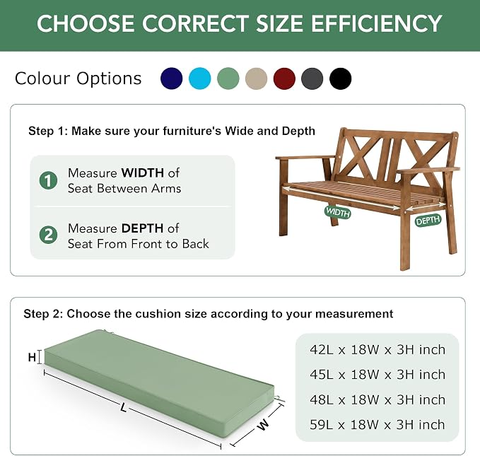 Summsun Outdoor Bench Cushion: Waterproof and Fade Resistant Patio Furniture Cushions - Non-Slip Bench Pad Cushion with Removable Cover for Garden Swing Porch Sofa Settee, 59 x 18 Inch, Sage Green