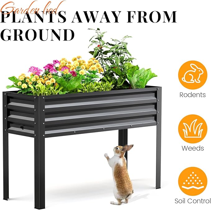 KING BIRD Raised Garden Bed with Legs & Water Storage Tank Galvanized Elevated Planter Box 48×17×31.5 in for Backyard, Patio, Balcony, 300lb Capacity, Dark Grey