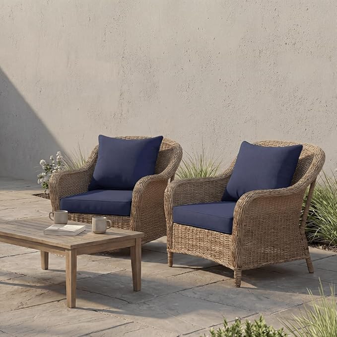 PatioGlow Outdoor Seat Cushion Set, 24" x 24" x 3.5", Set of 2, Water-Resistant & Fadeness Patio Furniture Cushions with Removable Cover & Ties, Thick Deep Seating Pads for Outside Sofa Couch, Blue