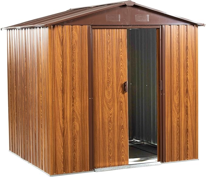 Outdoor Metal Storage Shed 6FT x 6FT, Galvanized Steel Frame Garden Shed, Sliding Lockable Doors, 4 Vent System, Weather-Resistant Metal Storage House with Foundation Kit,Shelf & Hooks, Yellow Brown