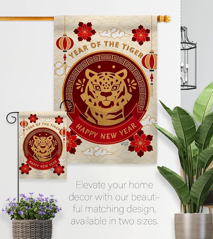 Happy Tiger Year House Flag New Lunar Good Luck Prosperous Seasonal Arrival Blessing Decoration Banner Small Garden Yard Gift Double-Sided, Made in USA