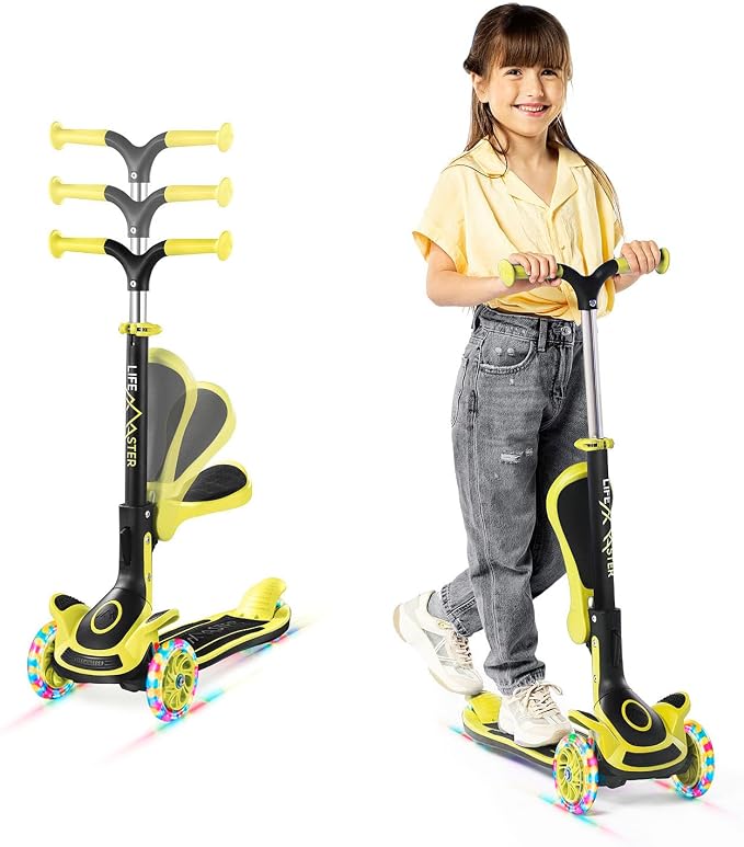 3 Wheel Scooter for Kids with Foldable Seat, Adjustable Handlebar Height, Lean-to-Steer Ride On Toy for Kids Ages 2+, Light-Up LED Wheels, Wide Anti Slip Deck, Indoor & Outdoor Use