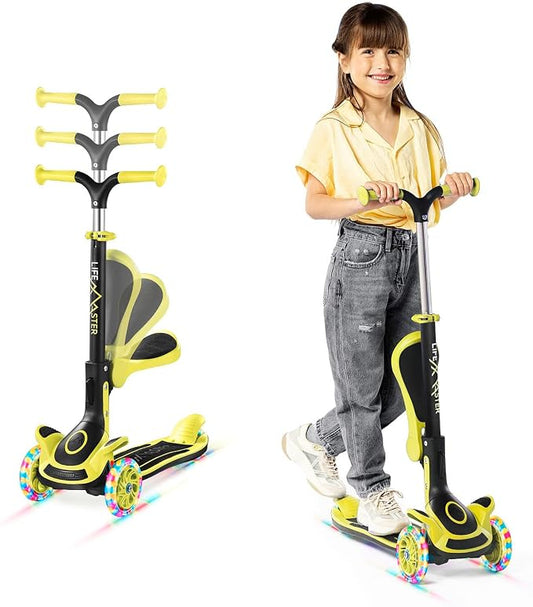 3 Wheel Scooter for Kids with Foldable Seat, Adjustable Handlebar Height, Lean-to-Steer Ride On Toy for Kids Ages 2+, Light-Up LED Wheels, Wide Anti Slip Deck, Indoor & Outdoor Use