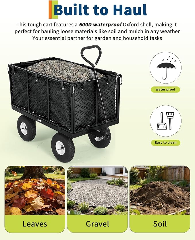 Garvee Versatile Outdoor Utility Cart-800LBS Heavy-Duty, 10" All-Terrain Pneumatic Tires, Easy Maneuverable Lawn Cart with Removable Mesh Panels for Gardening&Landscaping, Black, with Waterproof Liner