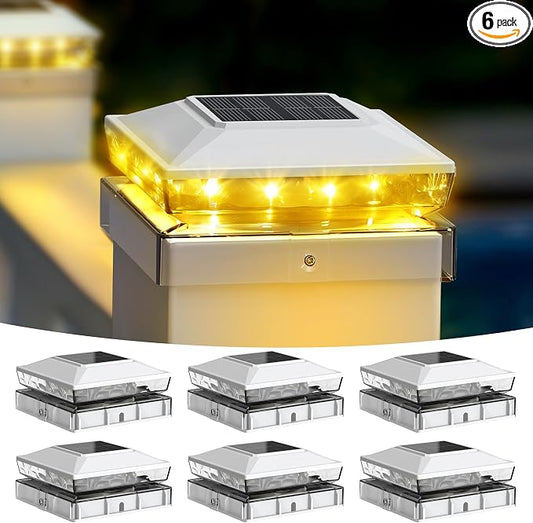KEILAIMO Solar Post Cap Lights, 6 Pack Upgraded Outdoor Deck Fence Post Solar Lights for 4x4 5x5 Wood/Vinyl Posts, IP65 Waterproof, 10-12 Hours Warm White Glow for Garden/Patio/Porch - White