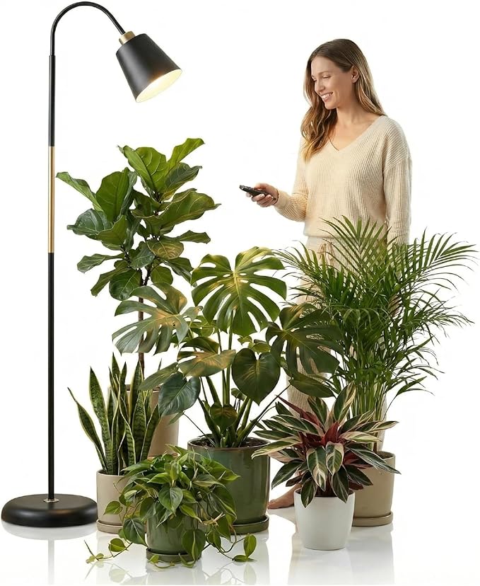 Floor Lamp Grow Lights for Indoor Plants, Adjustable Height Tall Standing Plant Light with Remote & Timer, 360° Gooseneck, Full Spectrum Dimmable, Weighted Base