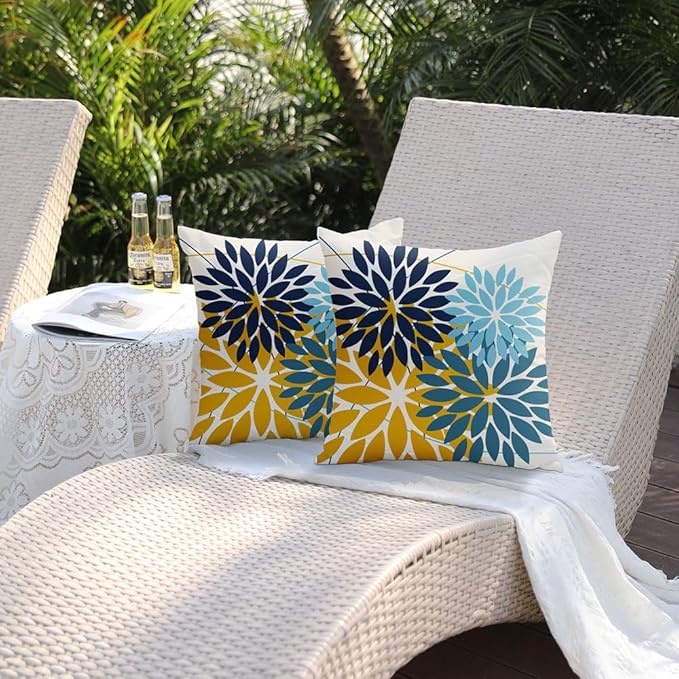 DFXSZ Outdoor Pillow Covers 16x16 Inch Set of 2 Green Yellow Blue Flower Decorative Waterproof Spring Summer Outdoor Pillow Covers for Patio Funiture Garden Couch 168F16