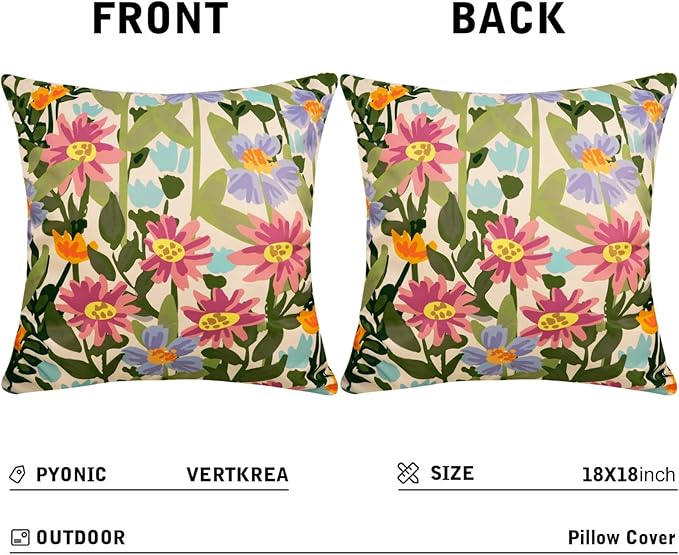 Pyonic Outdoor Pillows Waterproof Cover Pack of 2 Floral Waterproof Throw Pillows 18x18 inch for Patio Furniture Garden Furniture