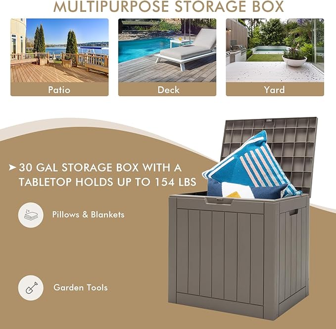 Giantex Deck Boxes Outdoor Waterproof - 30 Gallon Patio Storage Box with Lockable Lid, Built-in Handles, Storage Bin for Poolside, Package Delivery, Cushions, Garden Tools, Outside Storage Box (Brown)