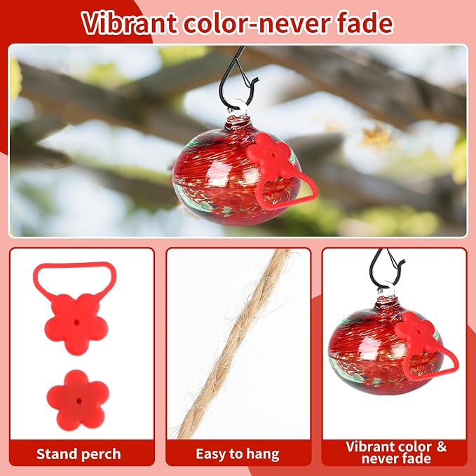 Pozfun Small Hummingbird Feeders for Outdoors Hanging,Hand-Blown Glass Hummingbird Feeder with Silicone Feeding Perch,Never Leak,Gardening Gifts for Woman Man(Red)