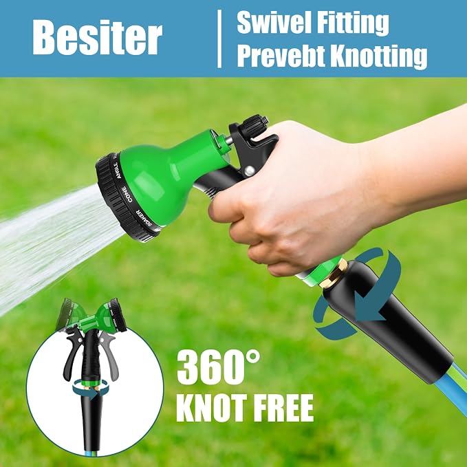 Besiter Heavy Duty Garden Hose 5/8" 50FT: Flexible Rubber Water Hose with 10 Function Sprayer - Leakproof Hose Male to Female Fittings - Durable Hose for Yard, Lawn, Car Wash, Outdoor, Watering, Green