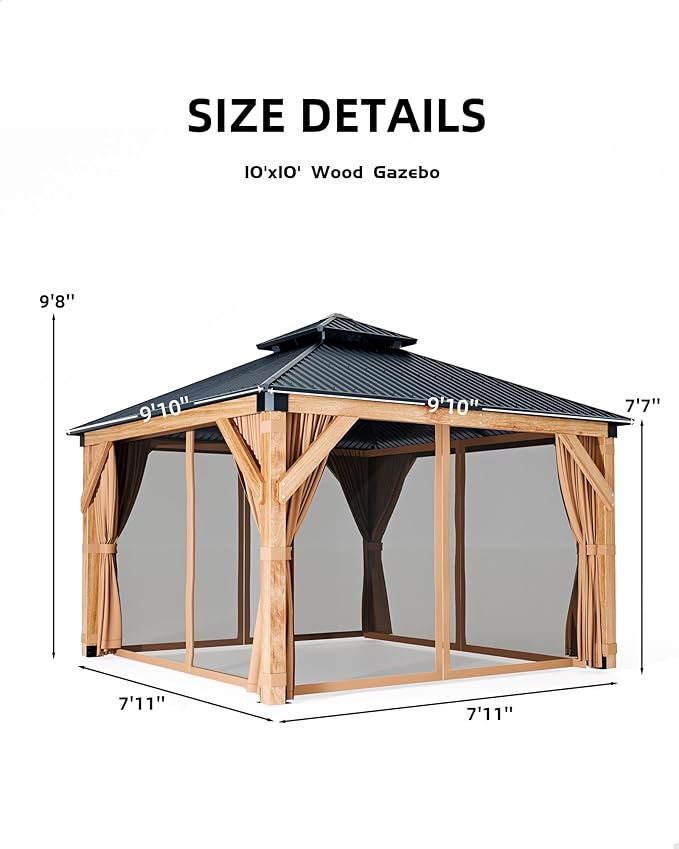 10x10 ft Wood Gazebo, Upgrade Spruce Frame and Double Galvanized Steel Roof, Hardtop Gazebo