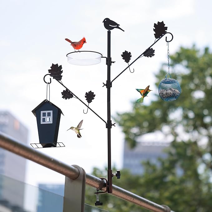 ERYTLLY Deck Bird Feeder Station Kit, Wild Bird Feeding Station for Outside Hanging Plants Holder Deck Pole Porch Multi-Hook Bird Feeder with Water Bowl for Attracting Birds