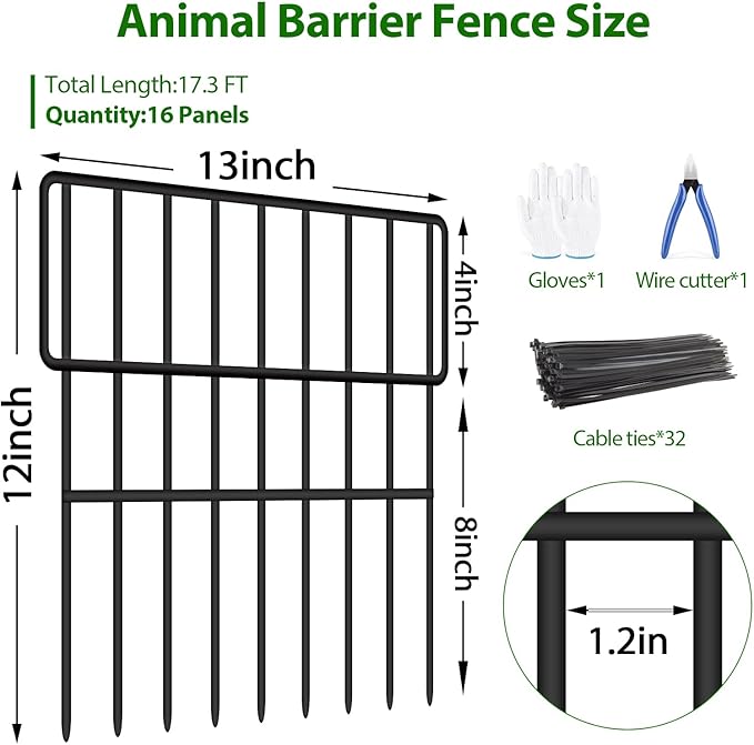 ULIOK Animal Barrier Fence, 16 Panels No Dig Fence 17.3ft(L) x12in(H), Garden Fences for Rabbits and Dog Ground Defense, Rustproof Metal Fences Border, Fencing Bottom Blocker for Outdoor Yard Patio