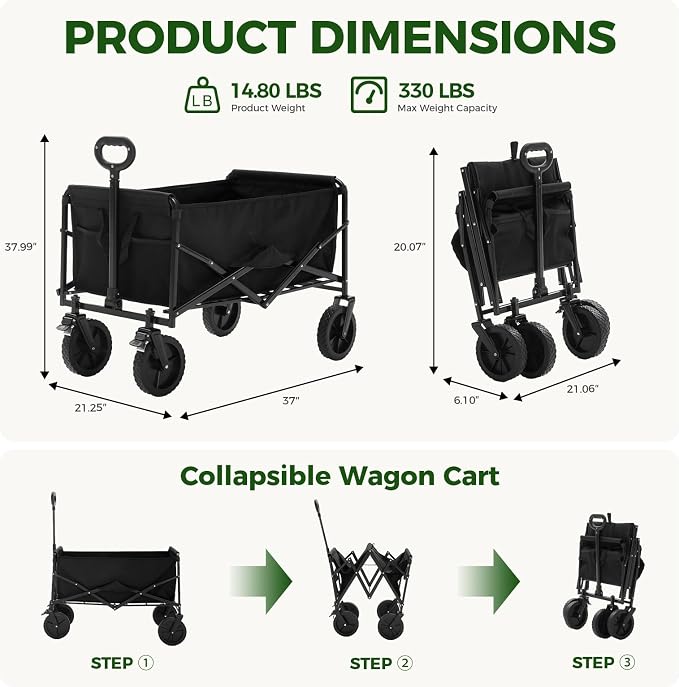 DUMOS Collapsible Wagon Cart, Heavy Duty Foldable Utility Wagon with Lockable Brake Wheels – 330 lbs Capacity, Flexible Handle for Beach, Garden, Sports, Grocery & Camping, Black