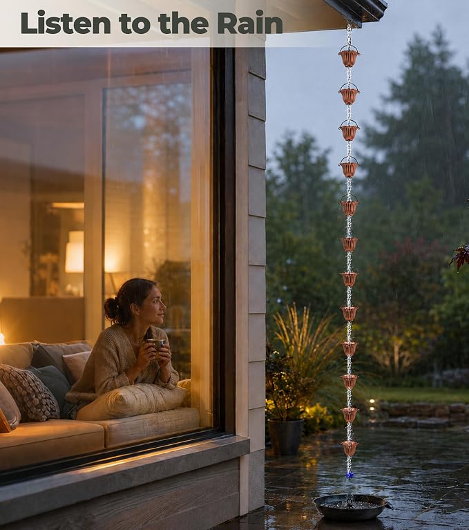 Copper Rain Chain for Gutters, 12 Cup Tulip Decorative Water Feature, 8FT 8IN Adjustable Metal Chain Rain Diverter for Outdoor Garden Décor with Crystal Accent