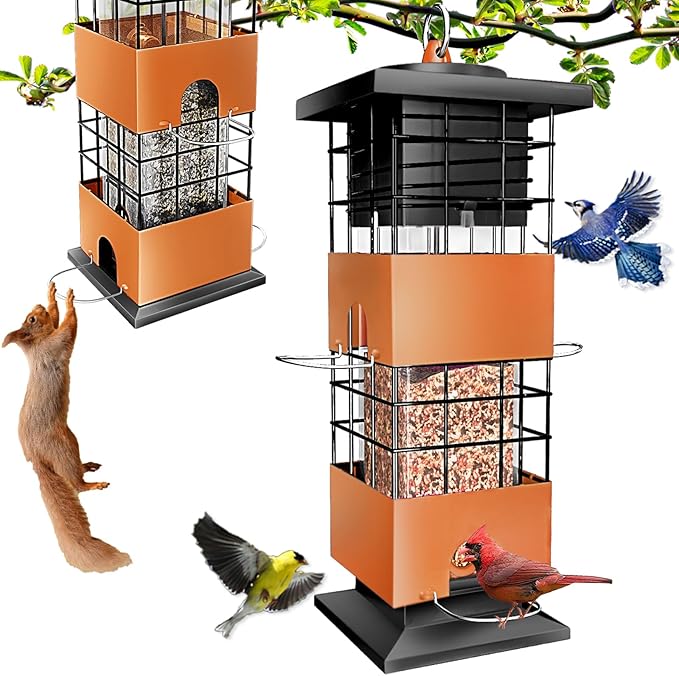 Squirrel Proof Bird Feeder for Outside, 3Lbs Metal Anti-Squirrel Bird Feeders for Outdoors, Weight-Activated Perches Hanging Wild Birdfeeder for Blue Jay, Cardinal (Brown)