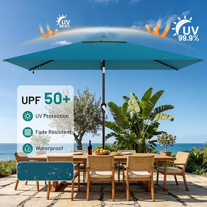 AreShark 6.5' x 10' Rectangular Patio Umbrella with Solar Lights, Solar Powered Lighted Market Umbrella w/Tilt and Crank, Outdoor Table Umbrella for Garden, Deck, Backyard, Pool and Beach, Lake Blue