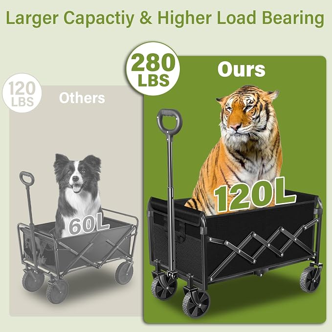 Collapsible Wagon Cart with All-Terrain Wheels - Folding Utility 280LBS Heavy Duty Wagons Carts for Grocery Sports Garden Shopping Camping Fishing (Black, 120L)
