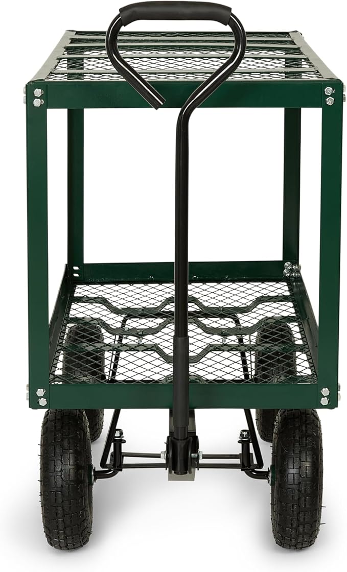 Backyard Expressions 2 Tier Garden Cart, 600 lb Total Capacity, Outdoor Utility Cart with Wheels, Steel Mesh Shelves, Pneumatic Tires, Pull Handle Rolling Wagon for Yard & Lawn