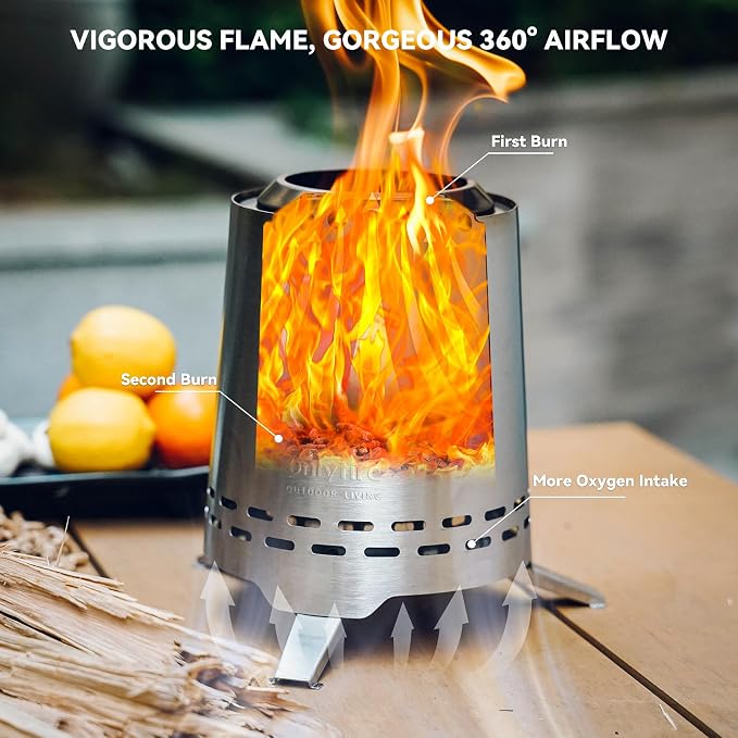 2 in 1 Portable Fire Pit with Pot Bracket & Carry Bag, 9” Tabletop Fireplace, Wood Burning Camping Stove for Patio Backyard RV Tailgating, Stainless Steel, Silver FP045