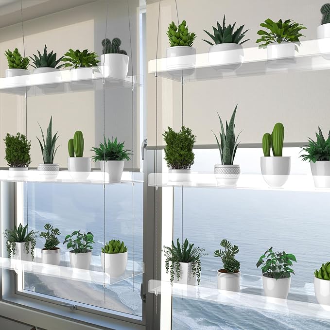3-Tier Hanging Clear Plant Shelves for Windows, Acrylic Window Wall Plant Stand Shelf for Kitchen Indoor Gardens, Flower, Herb, Seedling Organization, and Pots Display, 16 Inch per Tier