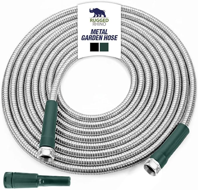 RUGGED RHINO Metal Garden Hose with Spray Nozzle, 50FT, 304 Stainless Steel, 750 PSI Burst Strength, Heavy Duty Flexible Water Hose, Kink Resistant, Leakproof for Yard, Lawn and Outdoor Use, Green