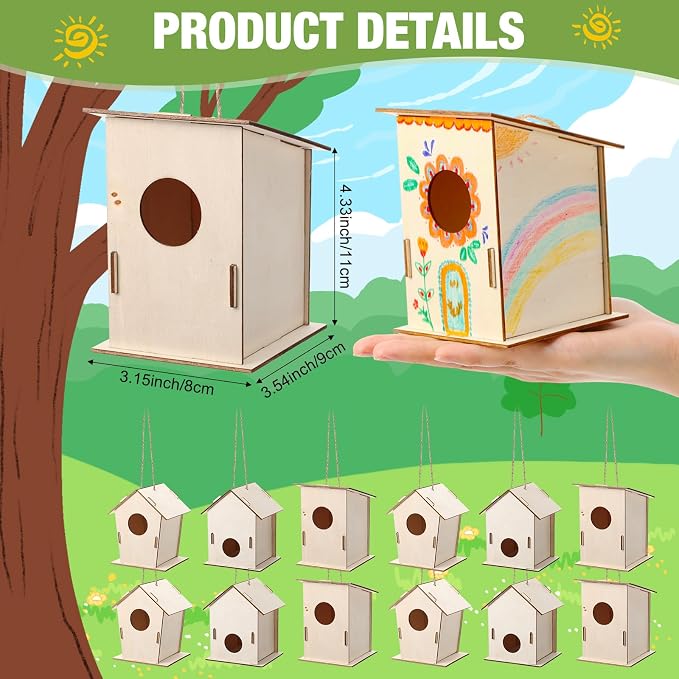 DoubleFill 48 Pcs Bulk Wooden Bird Houses Kits for Kids Mini Bird House for Craft DIY Unfinished Wood Birdhouse to Paint, Build for Children Wooden Arts Classroom Activity, 3 Styles