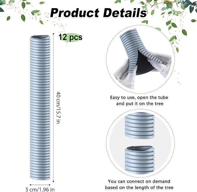 Nuenen 12 Pcs Corrugated Tree Guards, Long 15.75 Inch Diameter 1.96 Inch Pp Tree Trunk Protectors, Tree Bark Protector Tube Wraps for Saplings Plants Seedlings Deer Rabbit Cats Rodents Mowers (Gray)
