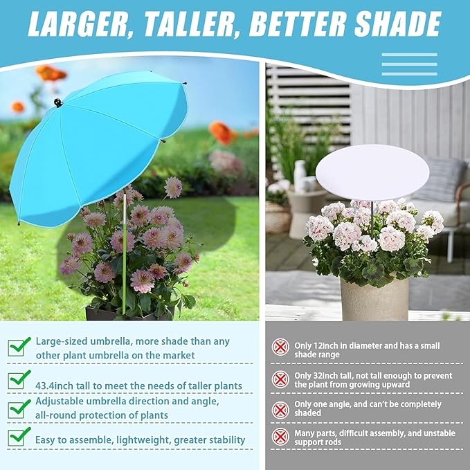 Axcoix 8 Pack Upgraded Plant Umbrellas for Outdoor Plants, 26" Larger Garden Plant Umbrella Shade with Adjustable Angle, 43.4" Higher Sun Shade for Plants, Potted Plant, Garden Beds