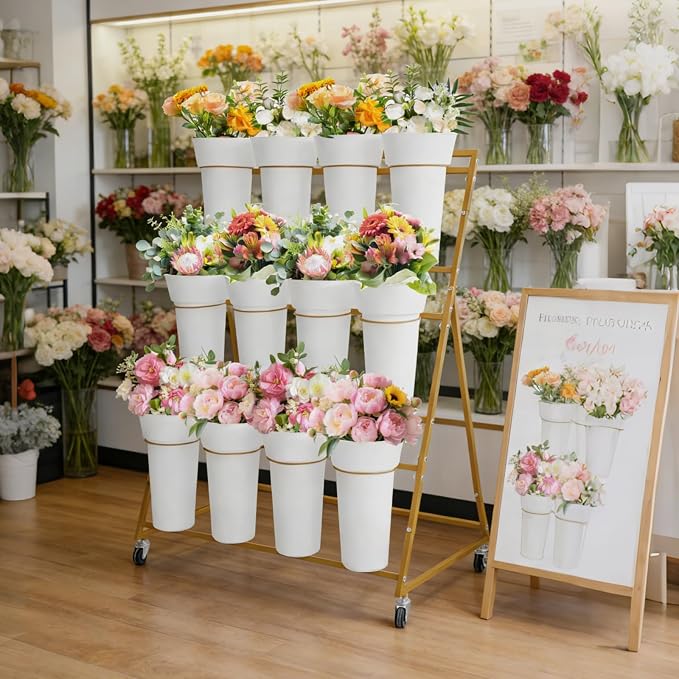 GarveeLife 3-Tier Metal Flower Display Stand with 12 Removable Round Buckets and Wheels, Mobile Flower Cart for Indoor Outdoor Patio Garden Wedding Flower Shop,Gold