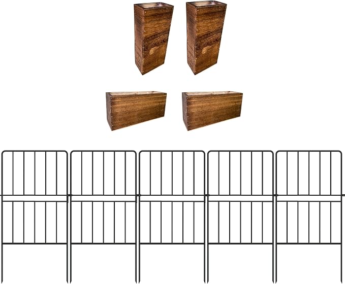 ShopLaLa Bundle- 20-Pack, 24 Inch Decorative Garden Fence + 4-Pack Set Wooden Box Planter Hanging Wall Pot Modern Vase Indoor Home No Dig Black Landscape Fencing Rustproof Metal Wire Border Outdoor
